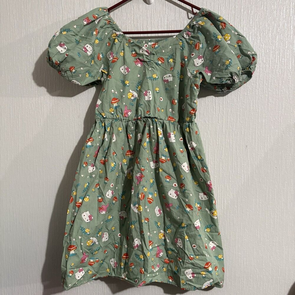 Hello Kitty & Friends Sanrio Mushroom Green Puff Sleeve Dress Cute Girls XL